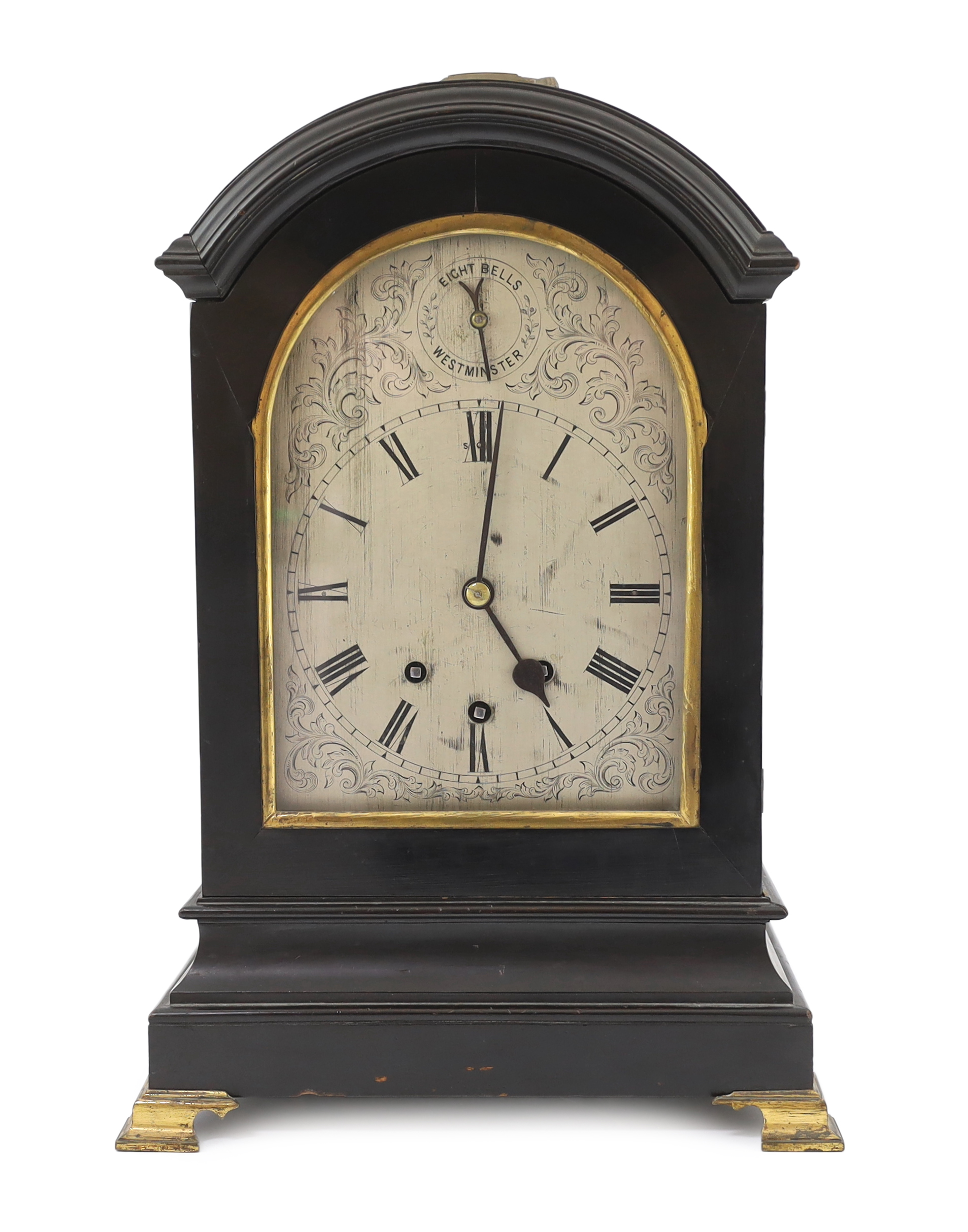 A late Victorian Georgian style ebonised eight day chiming bracket clock 34cm wide, 24cm deep, 51cm high